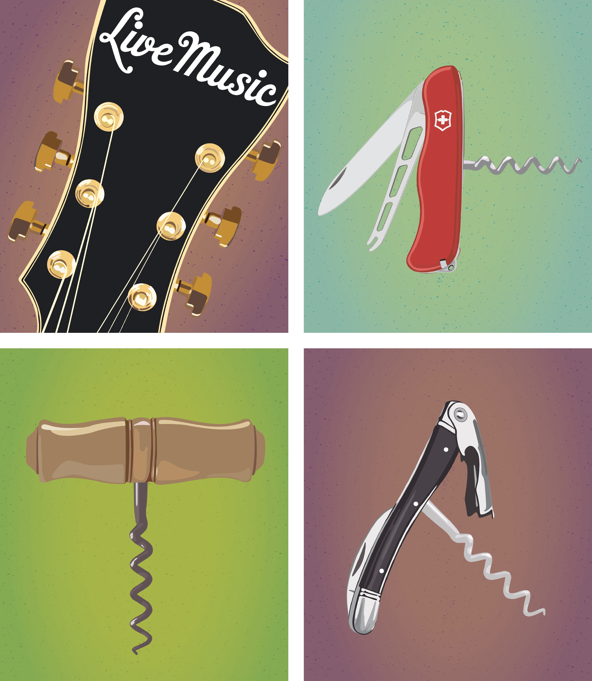 Details of digital illustration by Miranda Read featuring closeups of corkscrews and guitar headstock